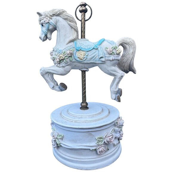 Carousel Horse Music Box 7.5" White with Roses Blue Saddle Brass Ring - Picture 1 of 8